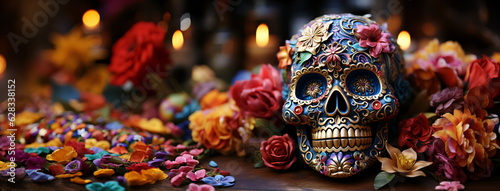 Beautiful altar for day of the dead, colorful skull surrounded by flowers with copy space © Soph