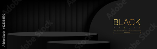 Black podium for product display on modern wall black background. Pedestal for Advertising, Product Show, Award. Minimal style. Vector illustration.