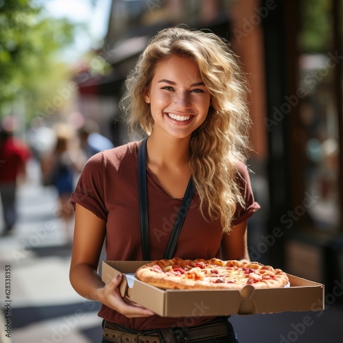 young woman delivering a pizza  generative ai