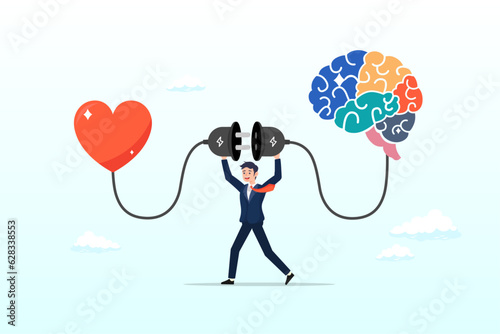 Man connect heart feeling with logical thinking brain, Emotional Intelligence, EI or control feeling and emotion with logical thinking brain, empathy or social skill, self control or balance (Vector)