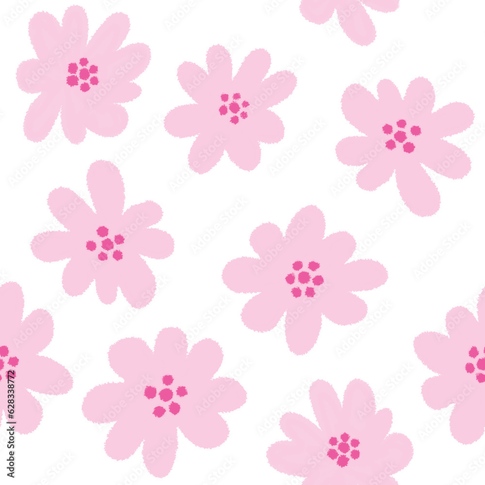 Pink and white floral seamless pattern. Random tiny stylized pink flowers on white background. Girlish trendy allover print. Cute trendy pinkish illustration