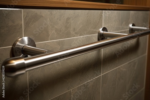 Photo A detailed picture of a stainless steel grab bar handrail affixed to a wall covered in gray stone tiles can be seen in a bathroom designed for individuals with disabilities in a hotel setting