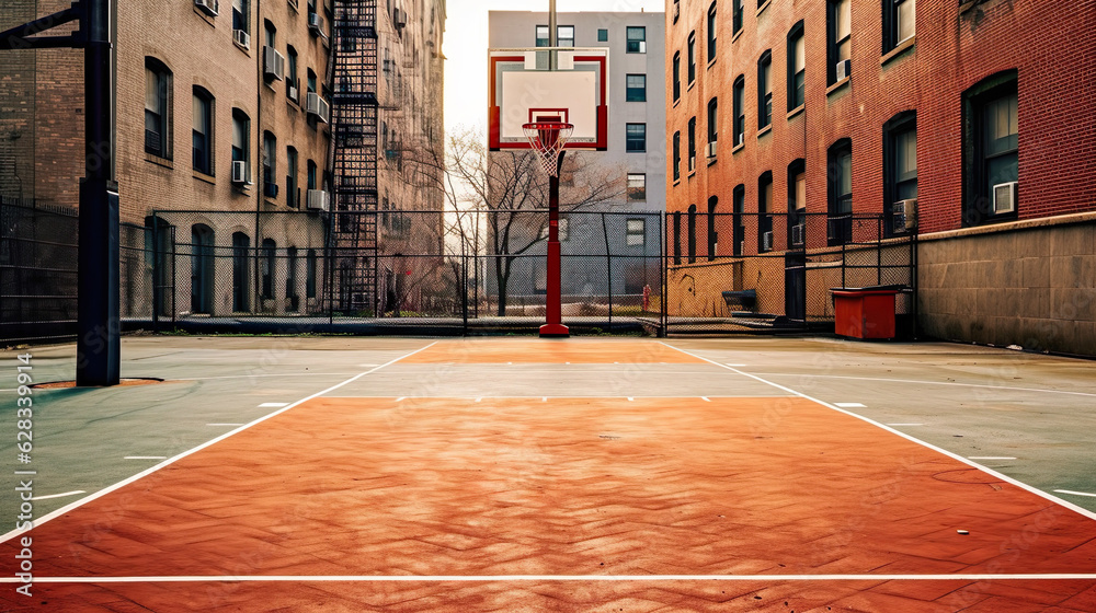 Photo of new york streetball court. Generative AI - obrazy, fototapety, plakaty 