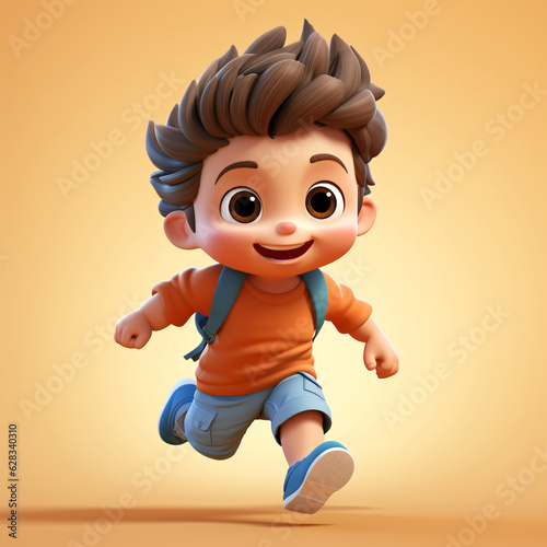 Little boy is running to school 3D rendering illustration