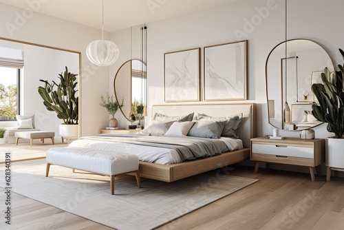 A contemporary bedroom that is bright, featuring mirrors in its interior design. photo