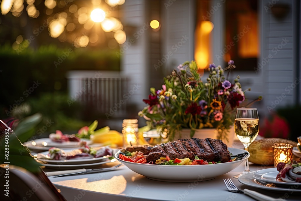 A beautiful outdoor dinner table is set with delicious barbecue meat, fresh vegetables, and salads. In the background, there are joyful people dancing, celebrating, and having a great time on the
