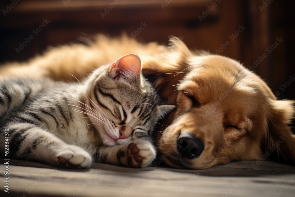 A cat and a dog peacefully sleeping beside each other. A young kitten and puppy curling up together for a nap. Household pets resting. Taking care of animals. Affection and companionship. Domesticated
