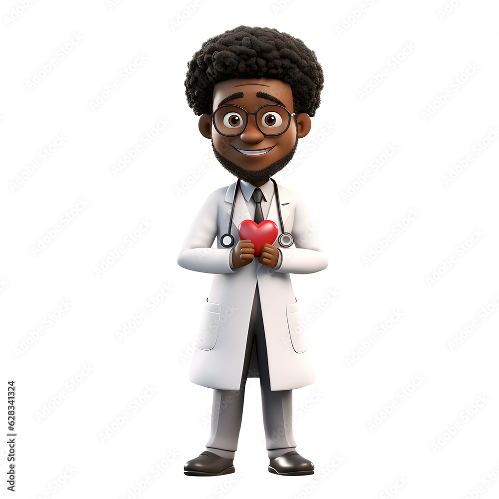 3D cartoon character doctor young man standing holding heart health care idea concept, full body isolated on white and transparent background, ai generate