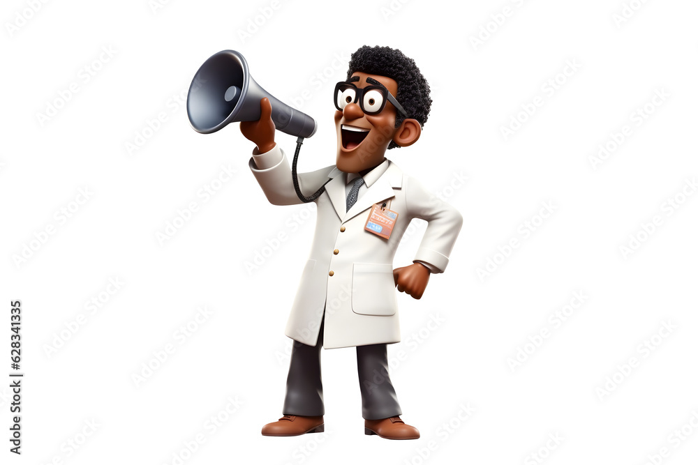 Fototapeta premium 3D cartoon character doctor young man standing speaking through megaphone, full body isolated on white and transparent background, ai generate