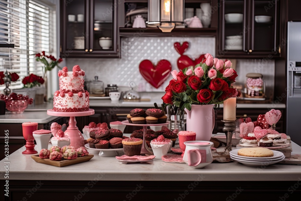 A festive Valentine's Day theme adorns the kitchen, complete with delightful decorations. On the table, an assortment of baking essentials await, ready to be used in creating delicious treats.