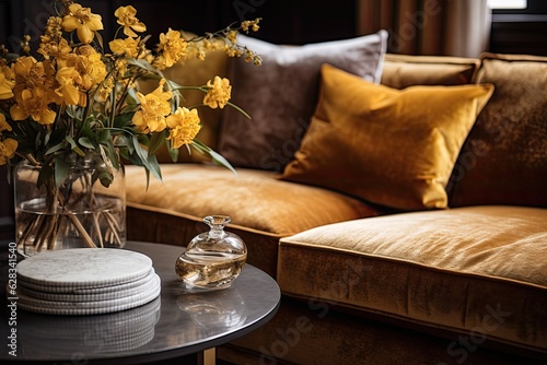 A detailed shot of a sophisticated sofa, adorned with plush velvet fabric in a beautiful shade of ocher, enhanced by carefully placed cushions and decorative items resting on the nearby coffee table.