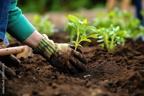 A gardener is manually planting in their backyard garden, while a woman wearing gloves is using a hand shovel tool to plant seedlings. They are preparing the soil for a vegetable garden at home.