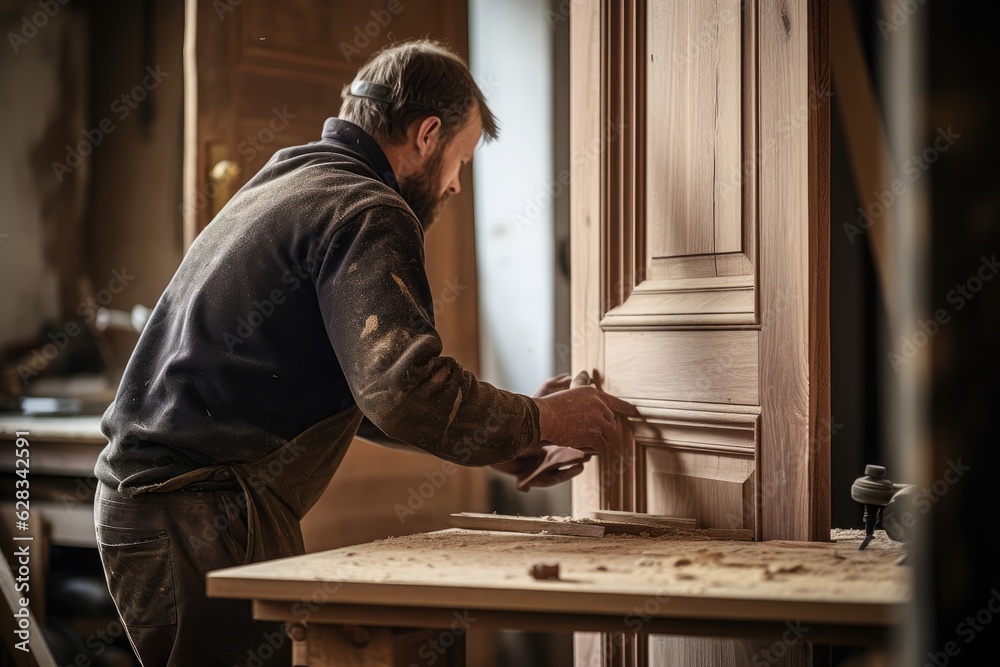 A gentleman puts a handle on a door, engaging in household carpentry, repair, and renovation tasks. A gentleman puts a handle on a door, engaging in household carpentry, repair, and renovation tasks.