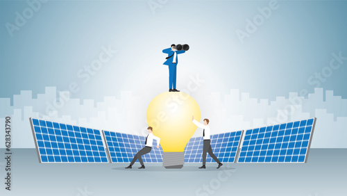 Visionary businessman uses binoculars on light bulb powered by solar cells with team support. ESG, Renewable, Alternative, Green energy, Sustainable Environmental policy, Net zero, Carbon reduction.