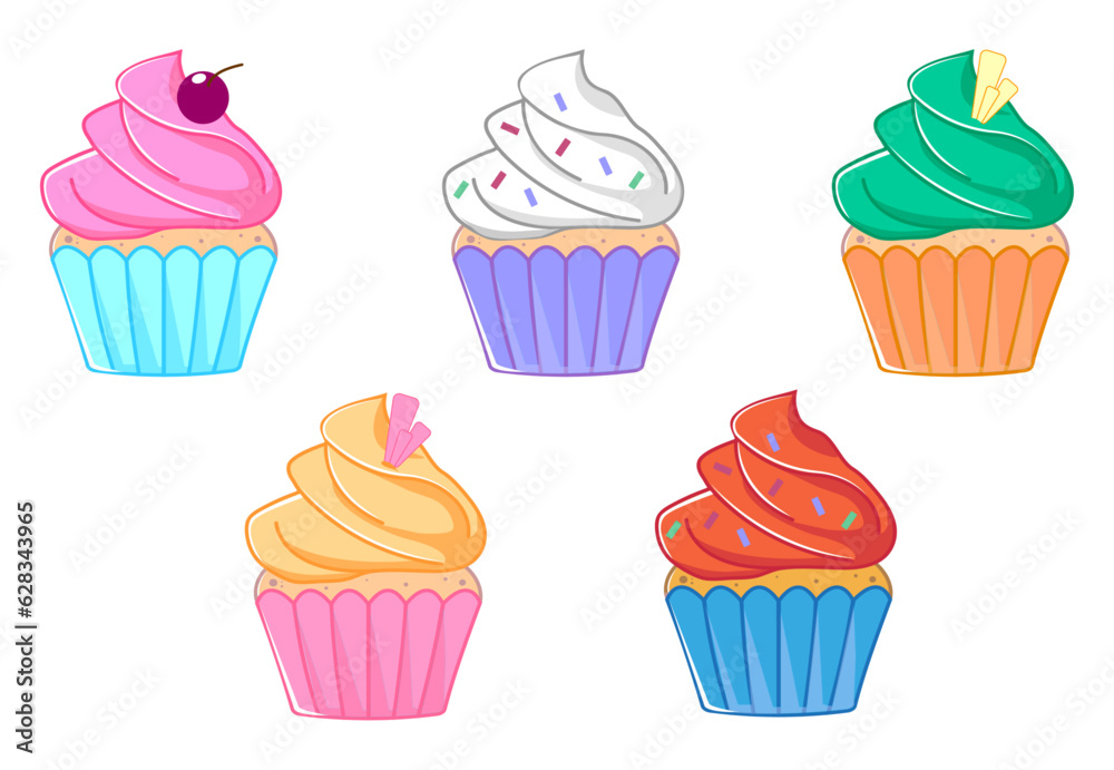 5 bright cupcakes with different fillings. Vector illustration 5 bright cupcakes with different fillings. Vector illustration