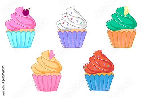 5 bright cupcakes with different fillings. Vector illustration