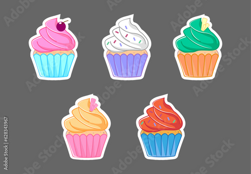 5 bright cupcakes with different fillings. Vector illustration