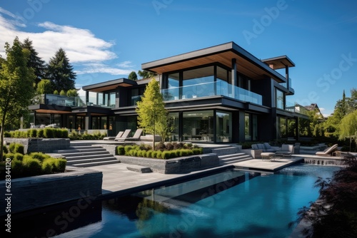 A lavish residence situated in Vancouver  Canada set against a vibrant blue sky.