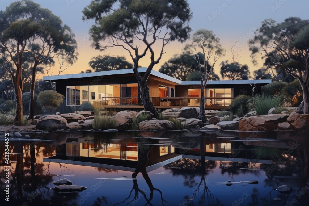 A contemporary Australian home is depicted in the quieting ambiance of twilight.