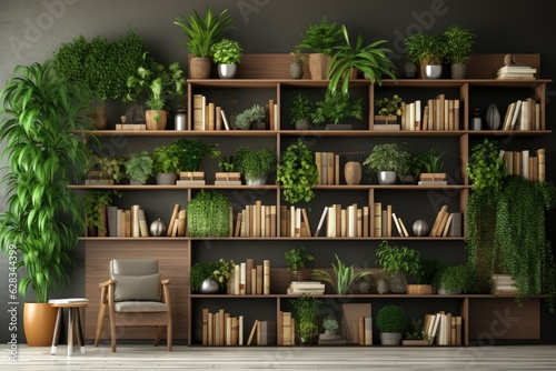 Foto A contemporary-style bookshelf adorned with plants that serves as a modern decor