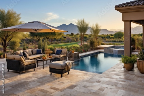 A backyard in Arizona with a pool deck made of travertine tiles, complementing the desert scenery. © 2rogan