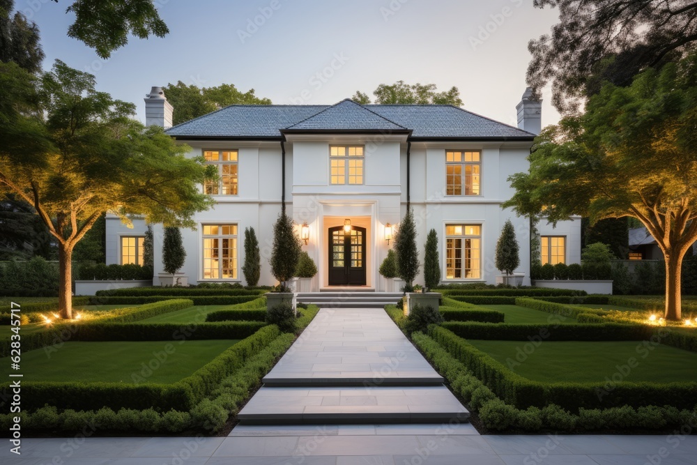 A high-end, pristine white residence with an immaculately manicured green yard. A high-end, pristine white residence with an immaculately manicured green yard.