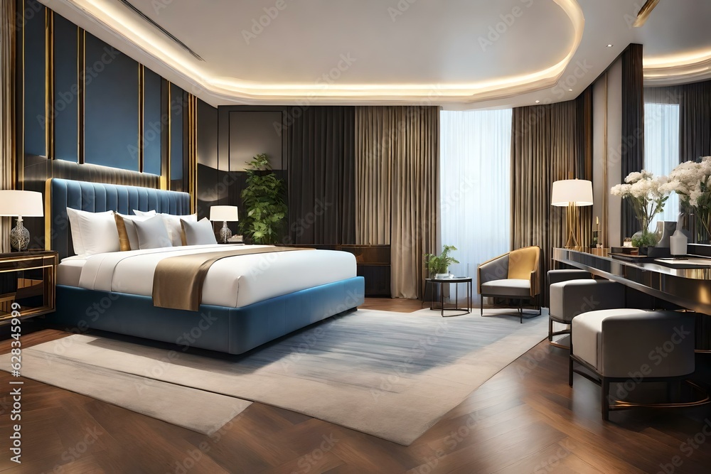 Stylish luxury interior of a contemporary room with a comfortable master bed , master bedroom