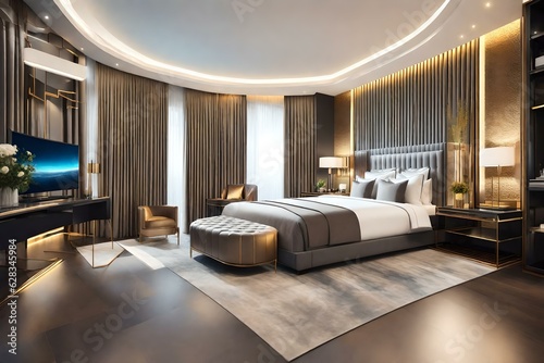 Stylish luxury interior of a contemporary room with a comfortable master bed , master bedroom © Creative artist1