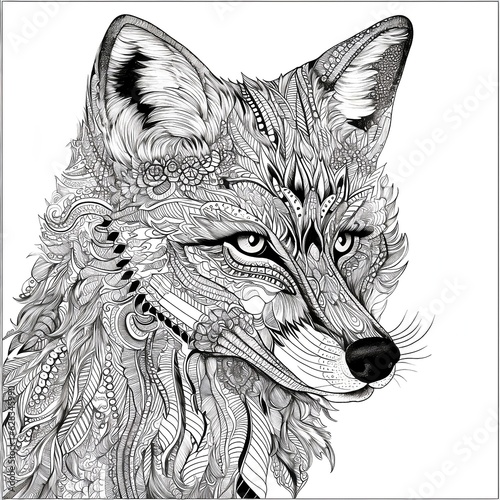 Mandala fox head coloring page for adults. Animal coloring page for adults created with Generative AI technology