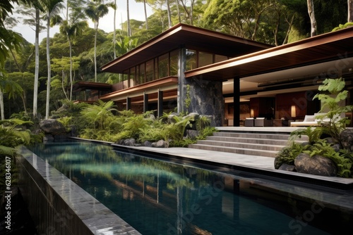 A contemporary tropical residence with a natural surrounding and a pool for swimming. © 2rogan