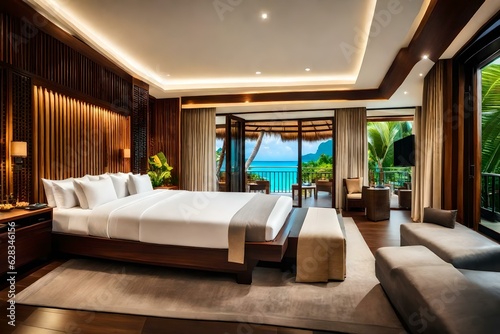 Stylish luxury interior of a contemporary room with a comfortable master bed , master bedroom