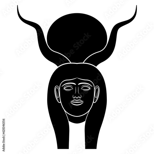 Head of ancient Egyptian goddess Hathor with animal horns and solar disk. Black and white negative silhouette.