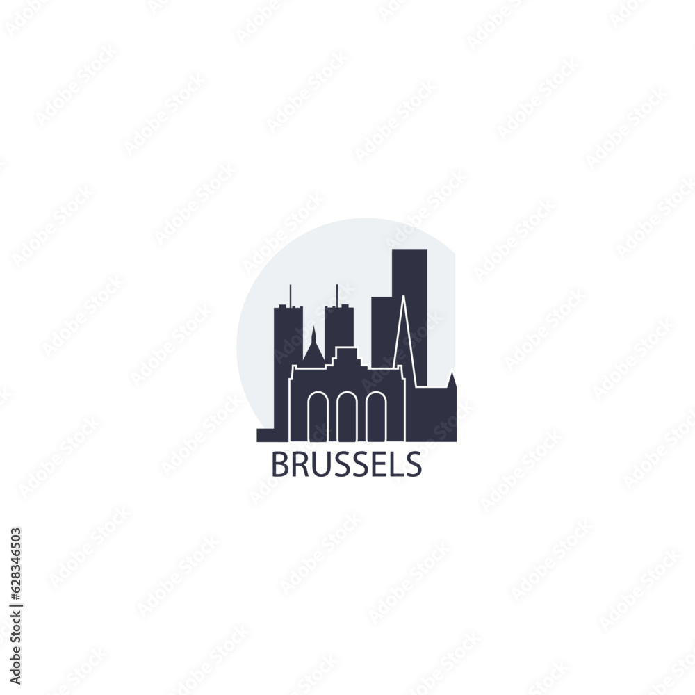 Belgium Brussels city cityscape skyline capital panorama vector flat modern logo icon. Bruxelles Europe emblem idea with landmarks and building silhouettes at sunrise sunset