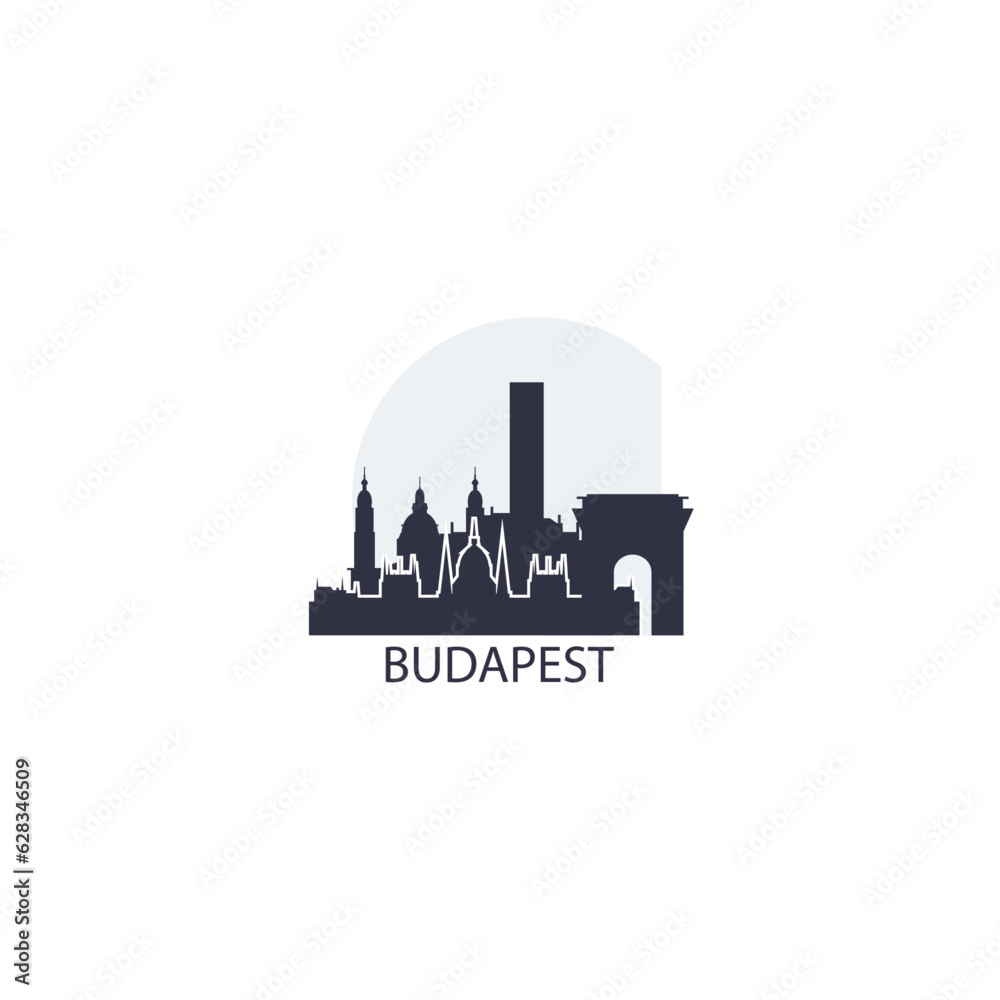 Hungary Budapest cityscape skyline capital city panorama vector flat modern logo icon. Eastern Europe Danube region emblem idea with landmarks and building silhouettes at sunset sunrise