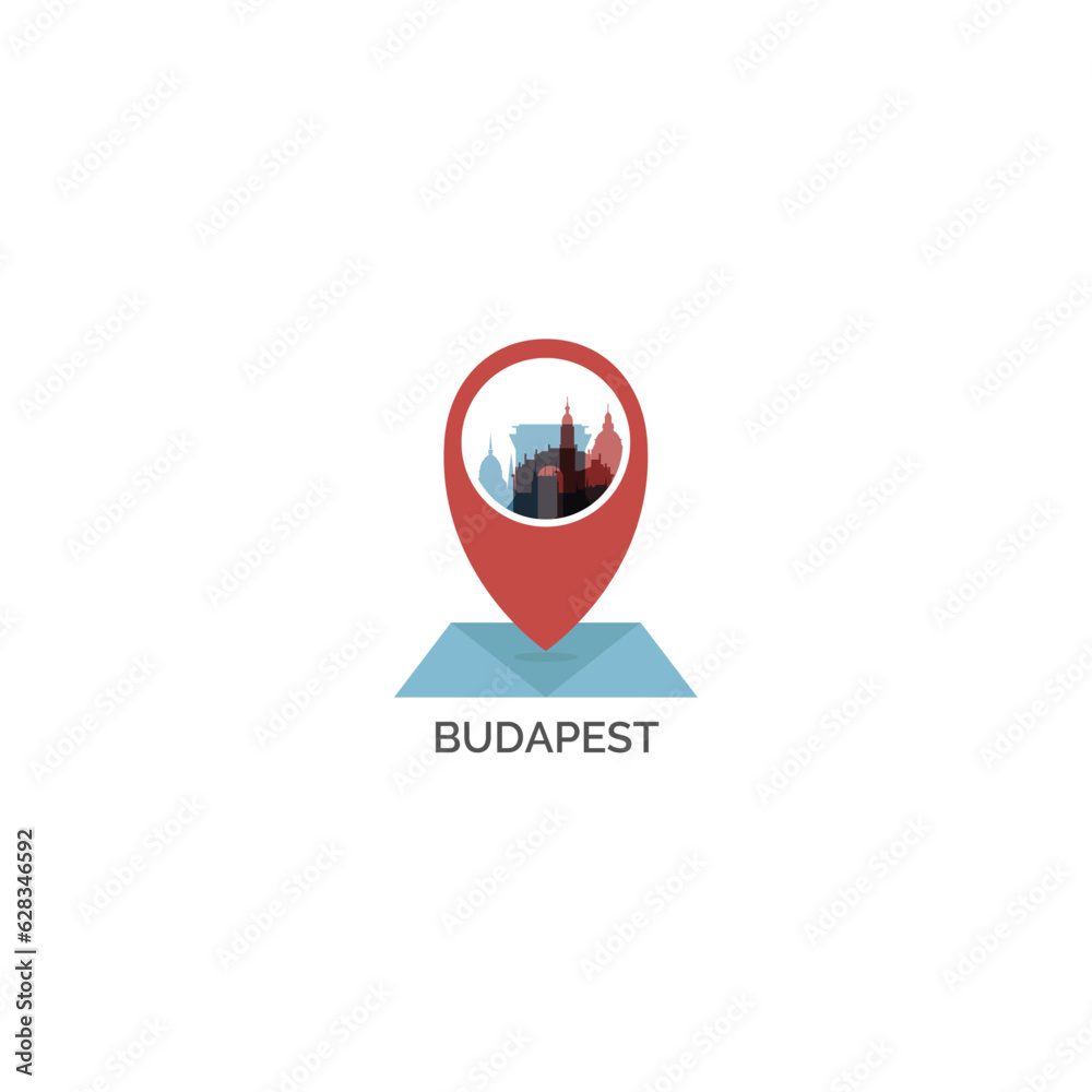Hungary, Budapest logo with map pin point, geolocation, skyline. Vector vibrant icon, isolated illustration. Eastern Europe metropolis emblem with landmarks and buildings Hungary, Budapest logo with map pin point, geolocation, skyline. Vector vibrant icon, isolated illustration. Eastern Europe metropolis emblem with landmarks and buildings