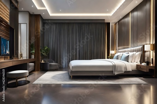 Stylish interior of contemporary room with comfortable white bed