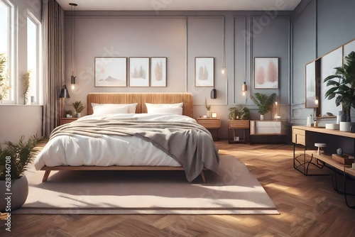 Stylish interior of contemporary room with comfortable white bed © Creative artist1