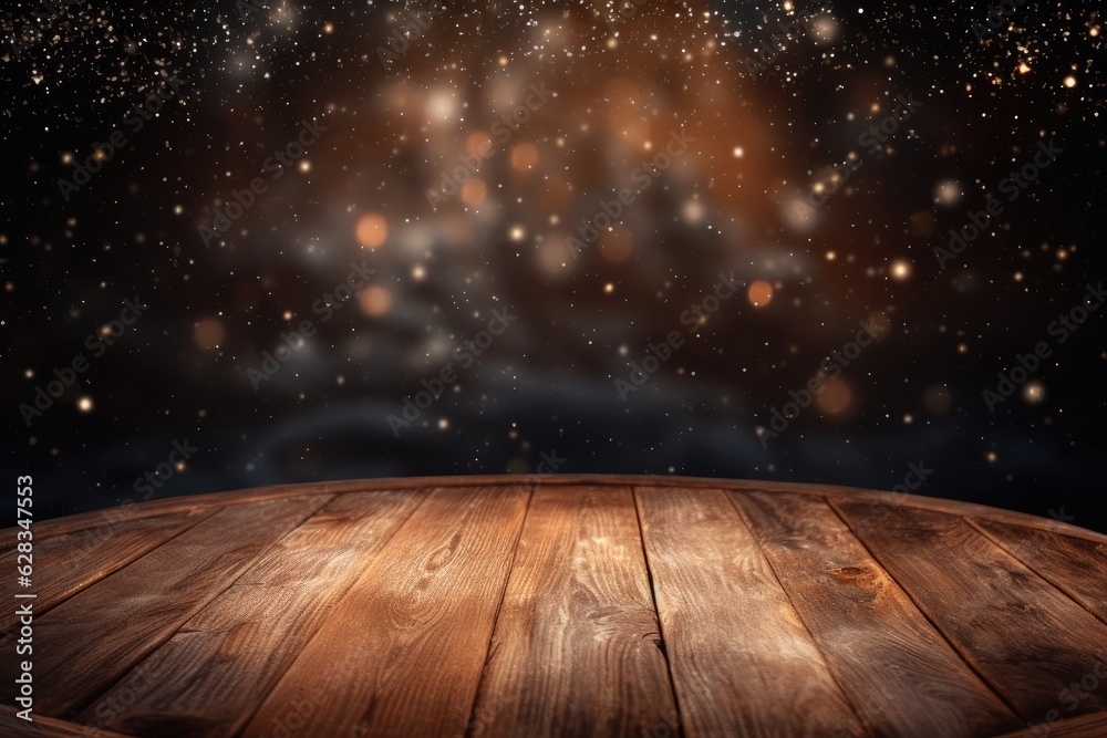a wooden table with snow falling over it Generative AI a wooden table with snow falling over it Generative AI