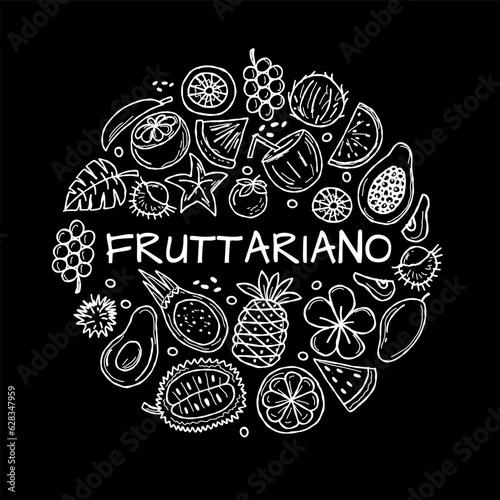 Tropical fruits collection. Circle shape for your design. White on black back...