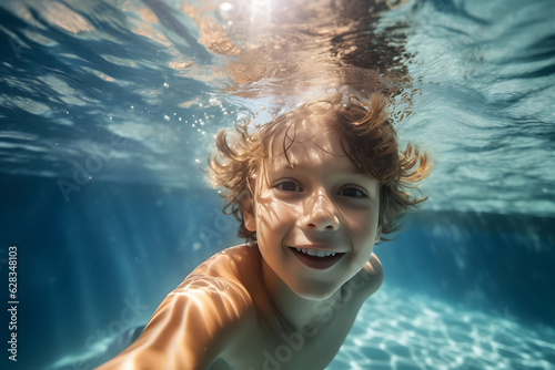 a boy swiming in the pool Generative AI © M