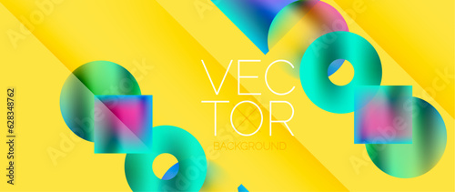 Squares and circles design. Fluid color gradients with metallic effects. Serene synergy of shapes, merging squares and circles into harmonious, captivating design