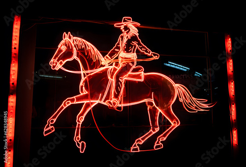 neon sign of cowgirl on a horse riding; a generative AI illustration
