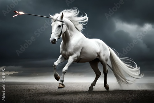 white horse running in the field with black cloudy weather   by Generative Ai technology