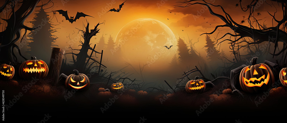 Halloween Banner with Haunted House, Moon, and Bats - Spooky Night Celebration. Generative AI