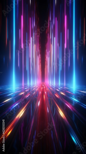 Fascinating, neon light effects radiate in vibrant waves, creating an immersive, electric backdrop.