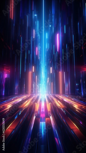 Fascinating, neon light effects radiate in vibrant waves, creating an immersive, electric backdrop.