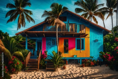 colorful beach home sitting on top of a sandy beach. generative ai. 
