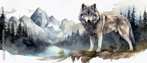 Wolf Alone Standing and Watching in Mountain Forest Near Lake in Spring, Watercolor Illustration Background © AI Art Originals