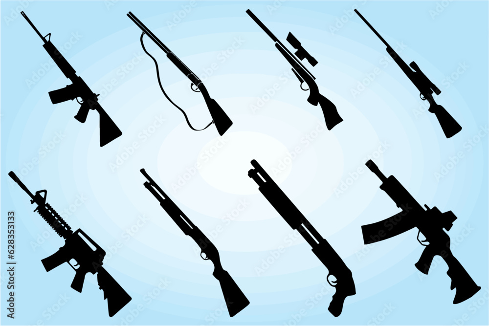 Sniper hunting rifle gun icons set. Simple set of sniper hunting rifle for web designing. Editable vector for designing poster and banner for media and web. - obrazy, fototapety, plakaty 
