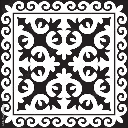 Vector black monochrome square Kazakh national ornament. Ethnic pattern of the peoples of the Great Steppe, .Mongols, Kyrgyz, Kalmyks, Buryats
